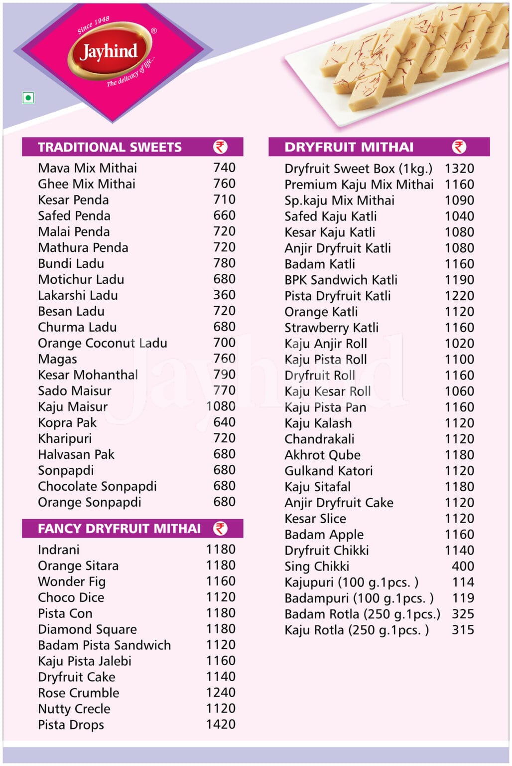 Price List Of Jayhind Sweets India's No. 1 Online Sweets & Bakery Shop